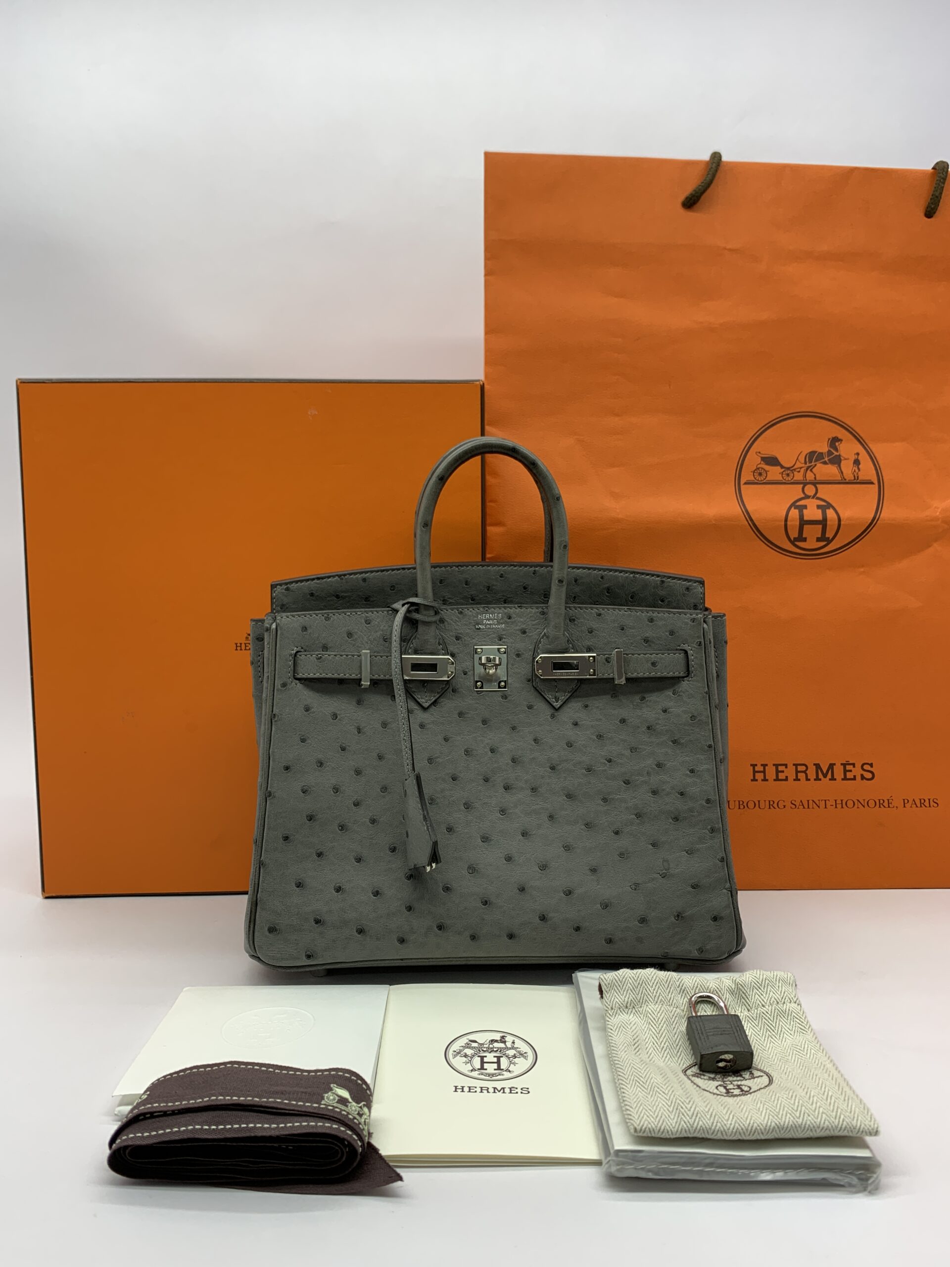 Birkin 25 Ostrich Gris Meyer PHW