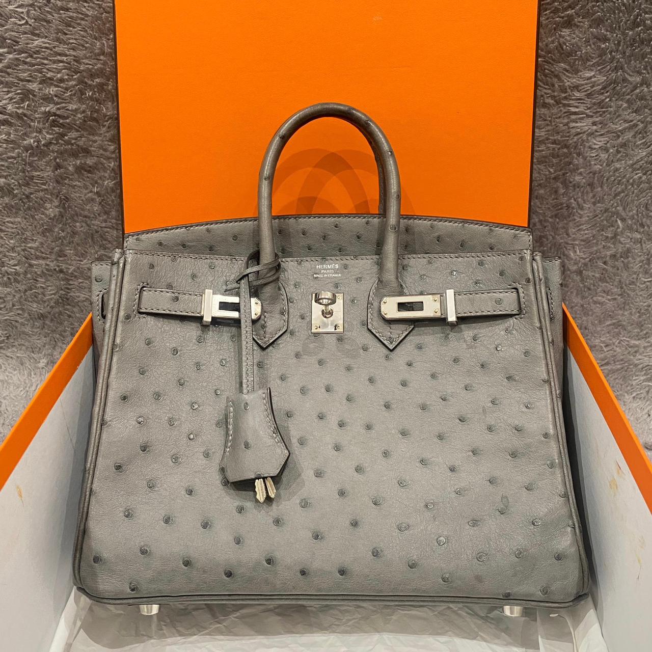 Birkin 25 Ostrich Gris Meyer PHW